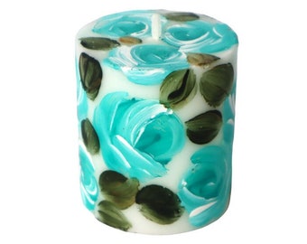 Hand Painted Decorative Short Pillar Candle : Turquoise Blue Roses Romantic Floral Shabby Chic Decor