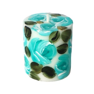 Hand Painted Decorative Short Pillar Candle with Turquoise Blue Roses Decorated Flower Candlesticks Romantic Floral Decor FREE SHIPPING