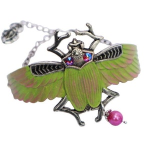 Adjustable Silver Egyptian Scarab Bug Cuff Bracelet Hand Painted Accents Good Luck Mystical Boho Jewelry Gift for Women FREE SHIPPING
