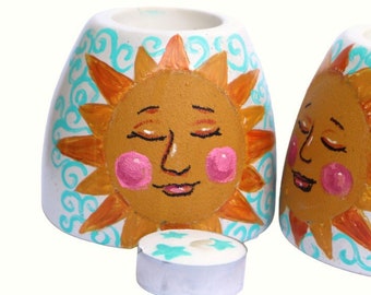 Single Hand Painted Sun Face and Stars Ceramic Tea Light Holder and Candle Set Cute Bohemian Celestial Decor Gift for Her FREE SHIPPING