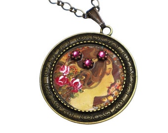 Vintage Style Art Nouveau Victorian Lady Pendant Necklace with Hand Painted Roses Romantic Old Fashioned Jewelry FREE SHIPPING
