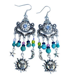 Cute Silver Sun Moon and Stars Dangle Earrings with Turquoise Magnesite Beads Celestial Sun and Moon Dangling Earrings Bohemian Jewelry