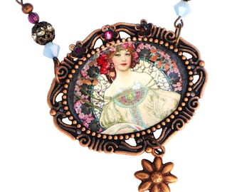 Alphonse Mucha Art Nouveau Necklace: Antiqued Copper Pendant, Czech Glass Beads, Flower Charm