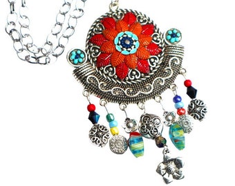 Large Long Silver Boho Flower Pendant Necklace Colorful Funky Bohemian Jewelry FREE SHIPPING