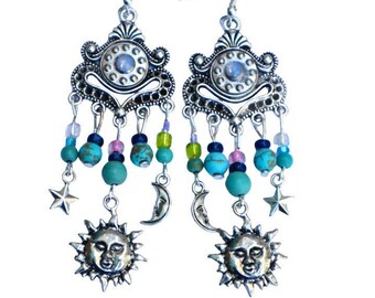 Silber himmlische Ohrringe, Sonne Mond Stern Charms, Boho Schmuck