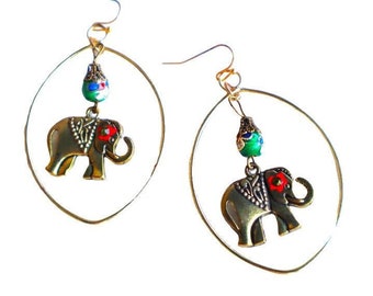 Large Lightweight Gold Elephant Hoop Earrings Indian Boho Jewelry FREE SHIPPING