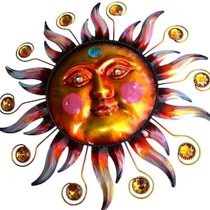 Metal Sun Wall Art: Hand-Painted Bohemian Celestial Plaque, Boho Room Decor