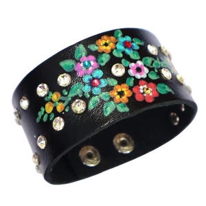 Adjustable Hand Painted Floral Cuff, Black Leather Stud Bracelet, Flower Boho Jewelry