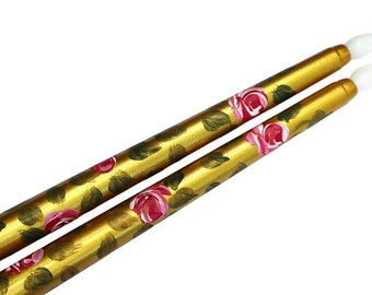 Hand Painted Roses Gold Flameless Taper Candles Battery Operated Candles Romantic Decor FREE SHIPPING