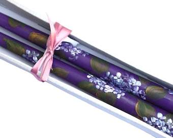 Hand Painted Purple Lavender Hydrangea Taper Candles Spring Floral Decor FREE SHIPPING