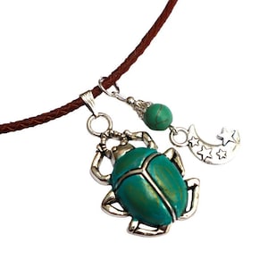 Silver Scarab Beetle Pendant Leather Necklace: Mystical Boho Egyptian Amulet Jewelry