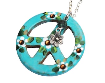 Hand Painted Daisy Turquoise Peace Sign Pendant Necklace with Topaz Crystal Rhinestones Bohemian Jewelry Gifts for Women Teen Girls