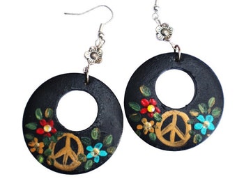 Lightweight Black Hippie Peace Sign and Flower Hoop Dangle Earrings Hand Painted Bohemian Jewelry FREE SHIPPING