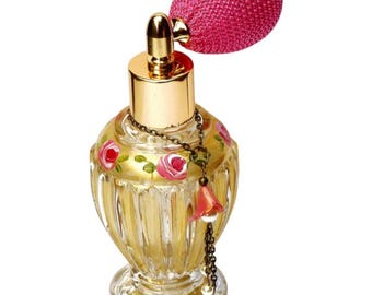 Vintage Style Gold Perfume Atomizer, Painted Pink Roses, Romantic Bedroom Vanity Table Decor