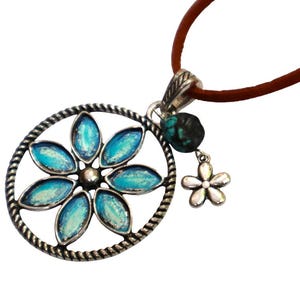 Adjustable Leather Pendant Necklace Silver Flower Pendant with Painted Turquoise Blue Accents Genuine Turquoise Nugget Bead Bohemian Jewelry