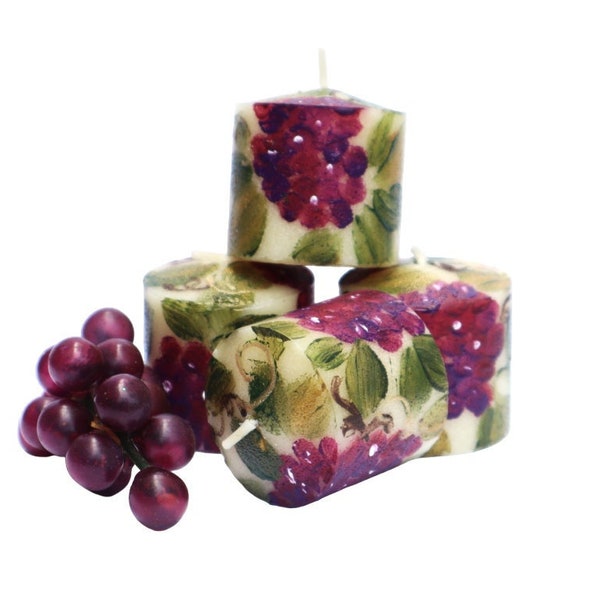 Choose Your Set Cute Hand Painted Grapes Mini Little Ivory Votive Candles Italian Tuscan Mediterranean Decor FREE SHIPPING