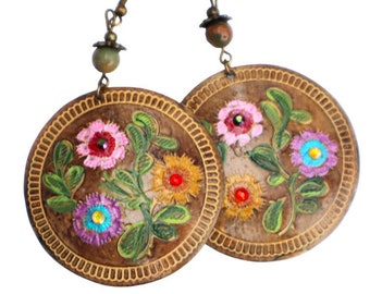 Lightweight Hand Painted Large Round Flower Earrings with Crystal Rhinestones Boho Mexican Indian Jewelry for Women FREE SHIPPING