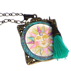 Long Antiqued Gold Vintage Sun Pendant Necklace with Colorful Hand Painted Accents Boho Jewelry FREE SHIPPING