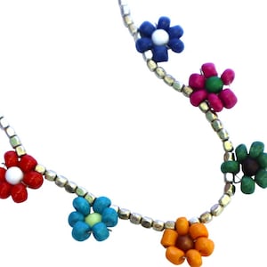 Cute Boho Multicolor Wood Seed Bead Daisy Chain Flowers Silver Anklet Adjustable Ankle Bracelet Colorful Floral Hippie Bohemian Jewelry