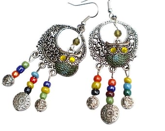 Silver Owl Dangle Bead Earrings, Hand Painted Accents, Beaded Boho Jewelry