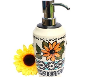 Large Ceramic Hand Soap Dispenser Bottle with Hand Painted Sunflowers Bohemian Bathroom Kitchen Decor FREE SHIPPING