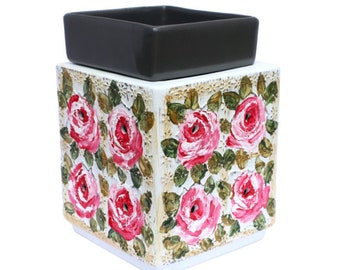 Painted Pink Roses Large Electric Ceramic Wax Warmer Romantic Shabby Chic Decor Lighting Scent Diffuser FREE SHIPPING