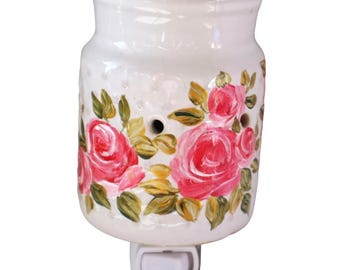 Ceramic Electric Wax Melt Warmer, Hand Painted Pink Roses, Romantic Floral Fragrance Burner Diffuser
