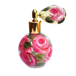 Vintage Style Round Perfume Atomizer Bottle, Hand Painted Pink Roses, Retro Romantic Victorian Shabby Chic Bedroom Vanity Decor