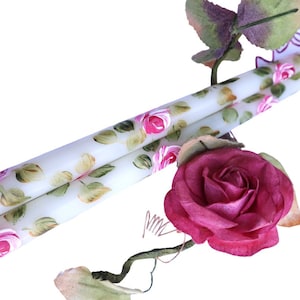 Elegant Long 12 Inch Tall Cream Off White Taper Candles with Hand Painted Pink Roses Decorative Tapered Candlesticks Shabby Chic Home Decor