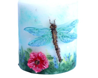 Decorative 3D Dragonfly and Flowers Hand Painted Short Pillar Candle Spring Summer Decor FREE SHIPPING