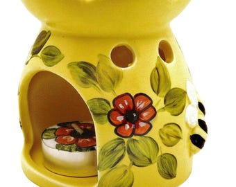 Ceramic Tea Light Wax Warmer Candle Set, Painted Floral Bees Design, Bohemian Decor