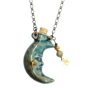 Raku Ceramic Moon Essential Oil Diffuser Necklace: Whimsical Celestial Boho Jewelry