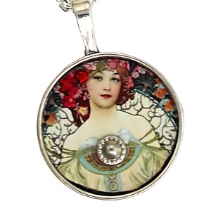 Pretty Silver Romantic Alphonse Mucha Art Pendant Necklace Vintage Style Art Nouveau Bohemian Jewelry Gift for Women FREE SHIPPING