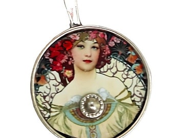 Silver Alphonse Mucha Art Nouveau Pendant Necklace: Romantic Vintage Bohemian Jewelry
