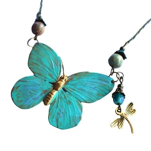 Large Turquoise Blue and Gold Butterfly Pendant Necklace, Dangling Dragonfly Charm, Hand Painted Romantic Boho Jewelry