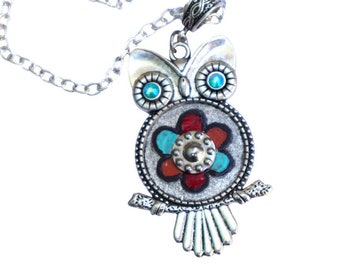 Cute Large Long Silver Owl Pendant Necklace with Hand Painted Flower Design Whimsical Boho Jewelry FREE SHIPPING