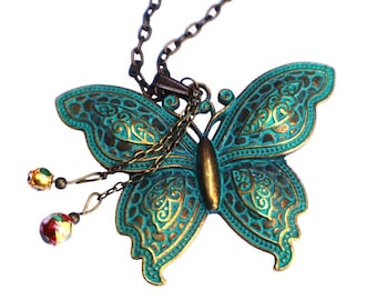 Boho Long Antiqued Gold and Turquoise Large Butterfly Pendant Necklace Bohemian Jewelry FREE SHIPPING