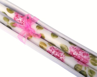 Decorative Hand Painted Pretty Pink Hydrangea Flower Taper Candles Romantic Floral Tapered Candlesticks Spring Summer Decor FREE SHIPPING