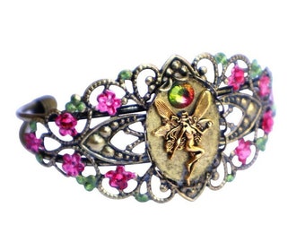 Pulsera de puño de hada estilo vintage, joyería victoriana Art Nouveau de fantasía de diosa hada