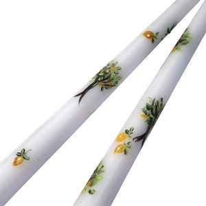 Decorative Hand Painted Lemon Tree White Taper Candles Set Lemon Fruit Themed Tapered Candles Kitchen Dining Room Table Centerpiece Decor