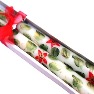 Hand Painted Red Poinsettia Taper Candles with Golden Swirls Christmas Decorations FREE SHIPPING