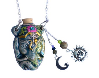 Raku Ceramic Elephant Pendant Necklace with Painted Accents Sun and Moon Charms Boho Jewelry FREE SHIPPING
