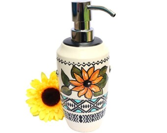 Large Ceramic Hand Soap Dispenser Bottle with Hand Painted Sunflowers Bohemian Bathroom Kitchen Decor FREE SHIPPING