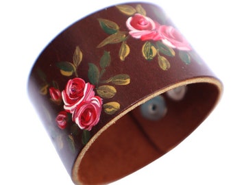 Adjustable Brown Leather Cuff Bracelet with Hand Painted Pink Roses and Rosebuds Romantic Boho Jewelry FREE SHIPPING