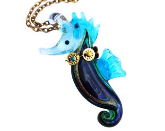 Long Large Blown Glass Seahorse Pendant Necklace Sea Beach Summer Jewelry for Women FREE SHIPPING