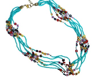 Beaded Flower Necklace, Multi Strand, Multicolor Seed Beads Floral Boho Jewelry
