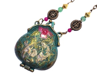 Romantic Vintage Boho Style Large Reversible Locket Pendant Necklace Victorian Bohemian Art Nouveau Jewelry FREE SHIPPING