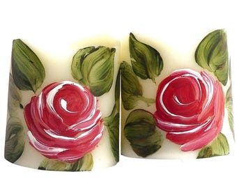 Velas votivas sin llama con rosas pintadas a mano: decoración romántica floral shabby chic
