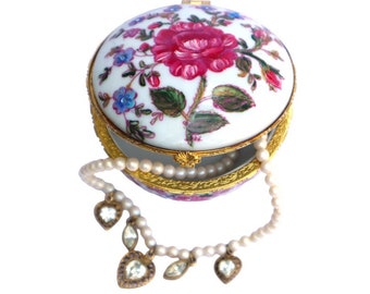 Hand Painted Roses Hinged Lid Ceramic Trinket Box with Crystal Rhinestones Floral Lidded Keepsake Box Romantic Vanity Decor FREE SHIPPING