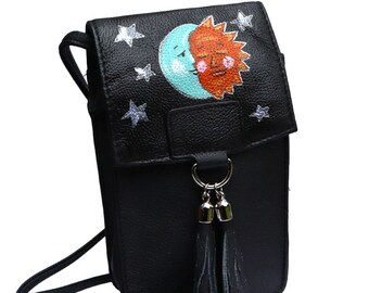 Cute Hand Painted Sun Moon and Stars Small Black Leather Boho Crossbody Bag Bohemian Handbag with Long Shoulder Strap FREE SHIPPING